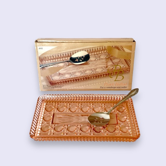 Peach Ballad Vintage Cranberry Tray w/ Server Pink Glass Oneida 8.5” - Picture 1 of 10